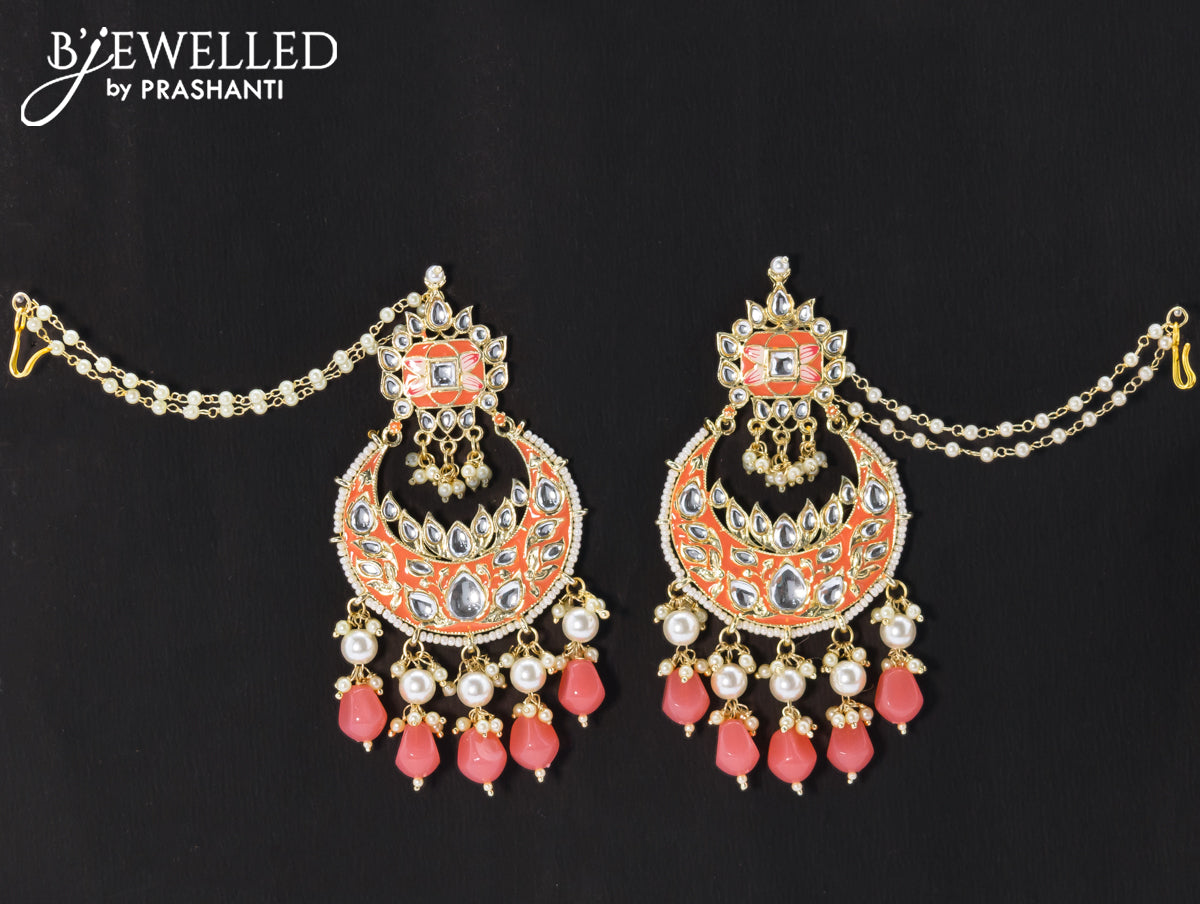 Dangler chandbali earrings peach with hangings and pearl maatal