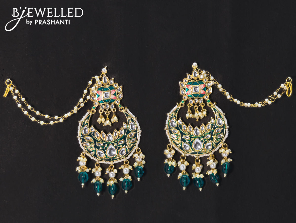 Dangler chandbali earrings teal blue with hangings and pearl maatal