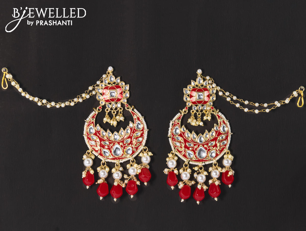 Dangler chandbali earrings red with hangings and pearl maatal