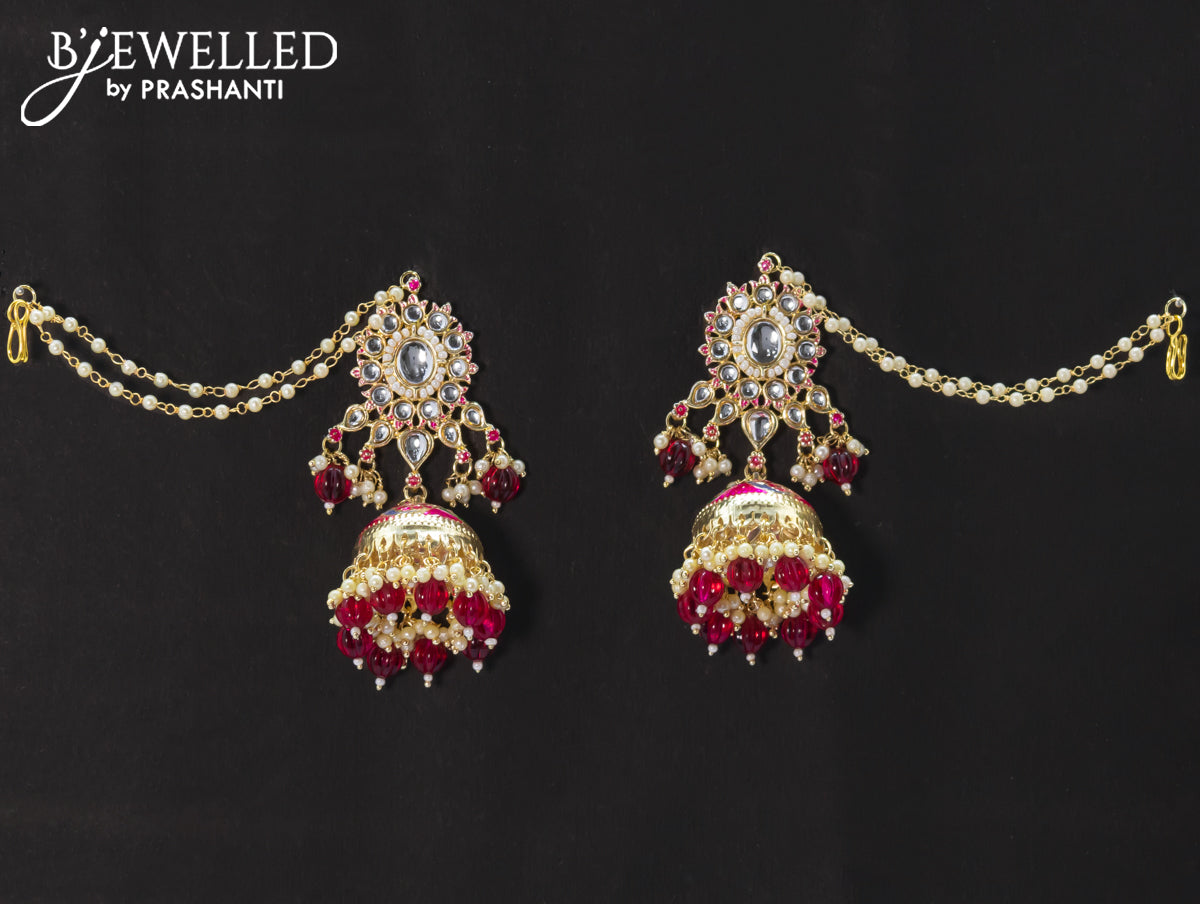 Dangler pink jhumkas with hangings and pearl maatal