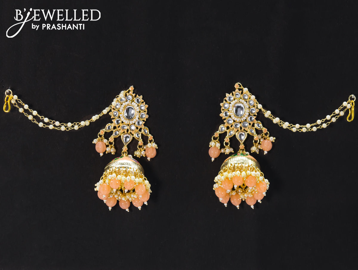 Dangler mild peach jhumkas with hangings and pearl maatal