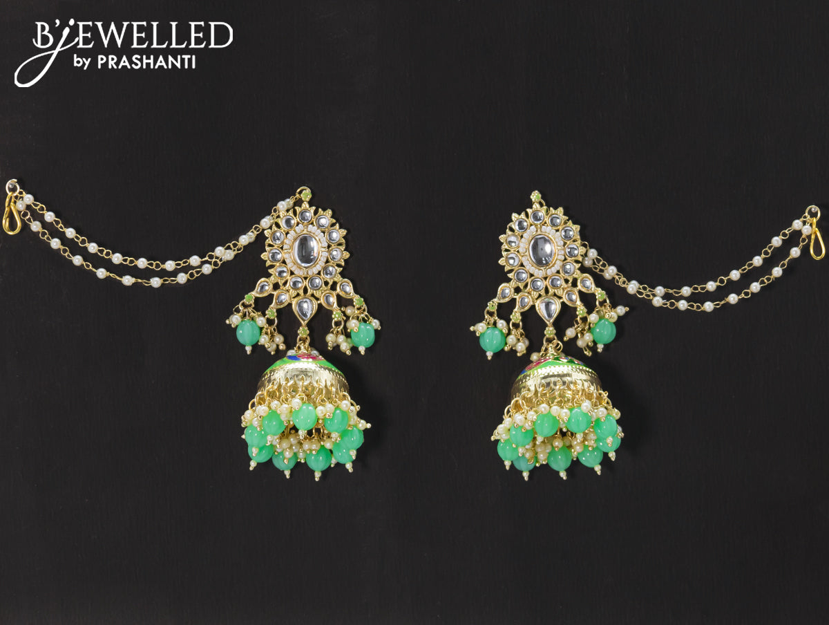 Dangler teal green jhumkas with hangings and pearl maatal