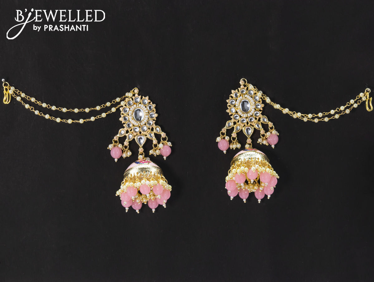 Dangler baby pink jhumkas with hangings and pearl maatal