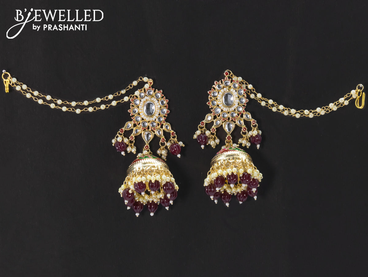 Dangler maroon jhumkas with hangings and pearl maatal