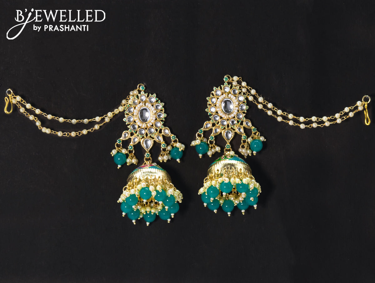 Dangler teal blue jhumkas with hangings and pearl maatal