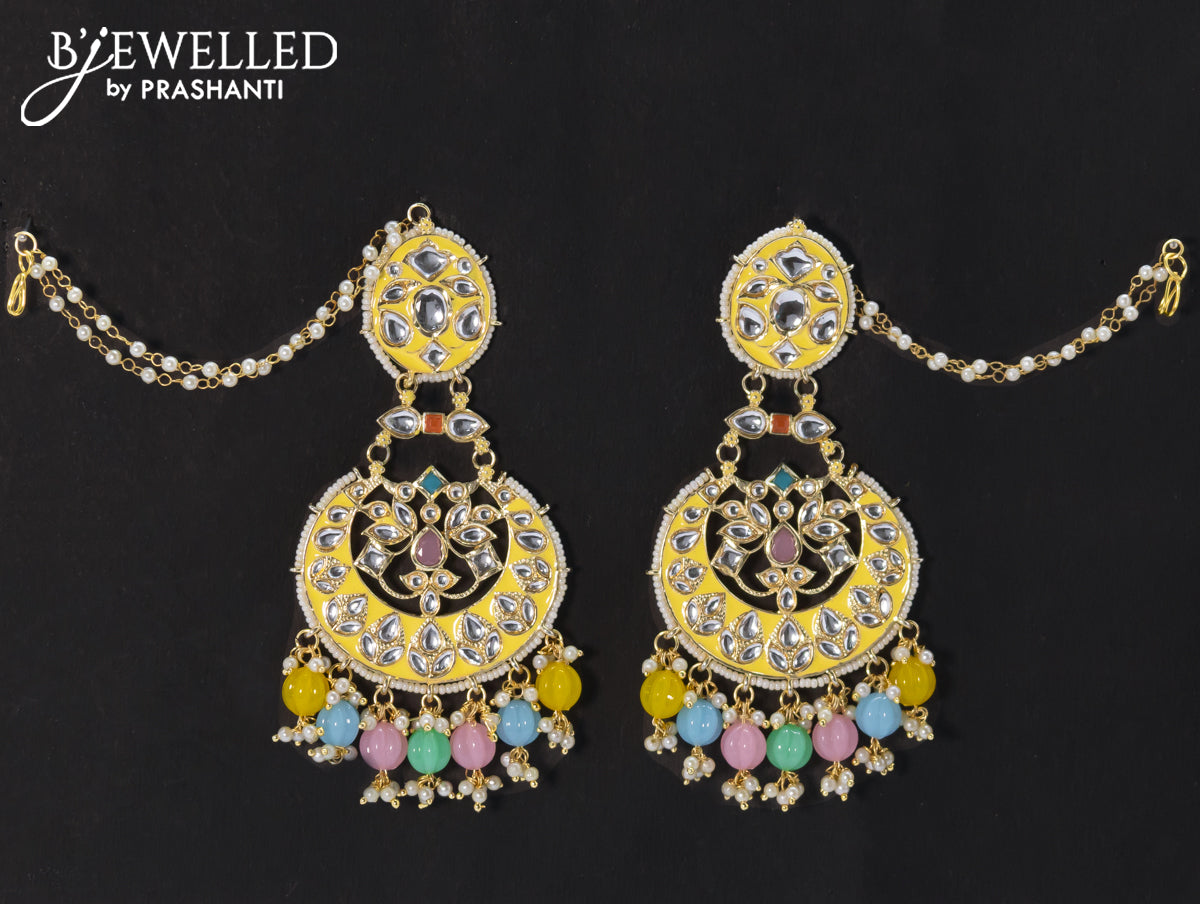 Dangler chandbali earrings cream with multicolour beads hangings and pearl maatal