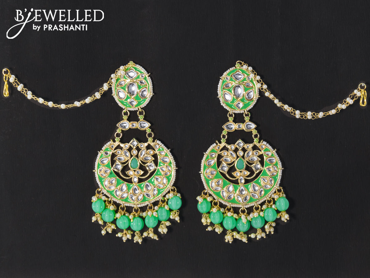 Dangler chandbali earrings teal green with hangings and pearl maatal