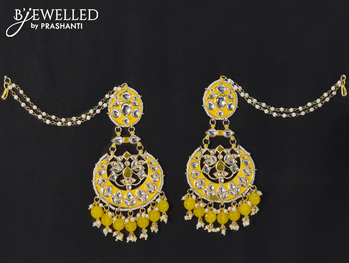 Dangler chandbali earrings yellow with hangings and pearl maatal