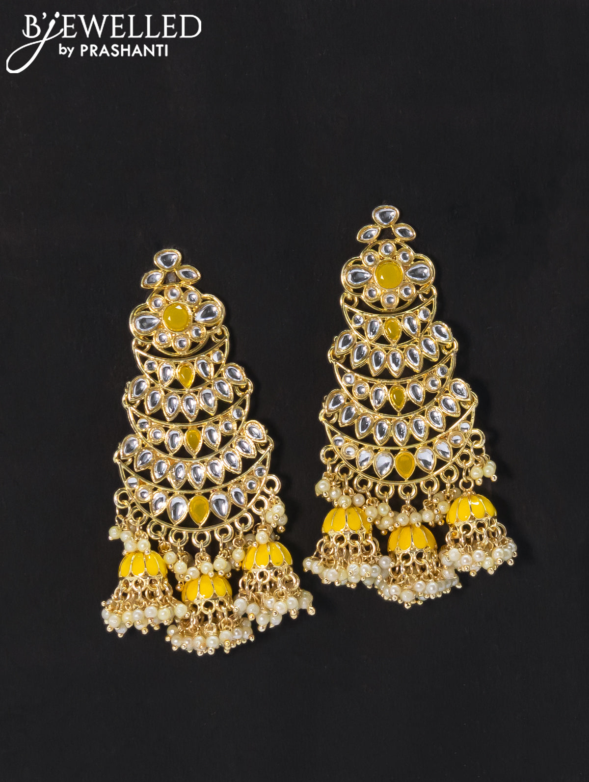 Dangler earrings yellow and kundan stone with pearl maatal