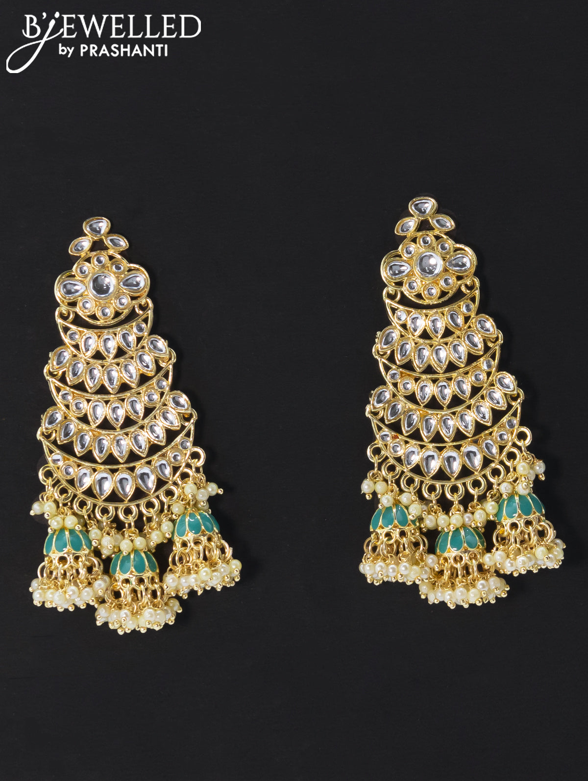 Dangler teal blue earrings with kundan stone and pearl maatal