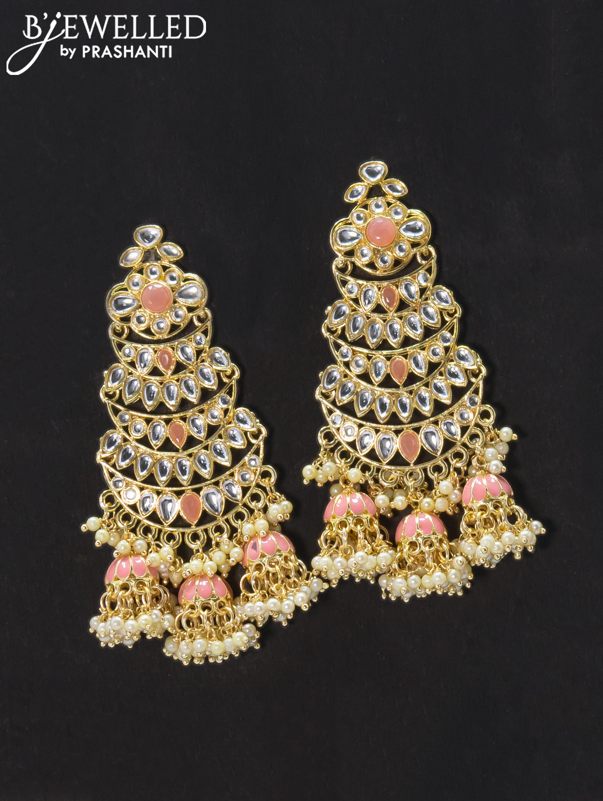 Dangler earrings peach and kundan stone with pearl maatal