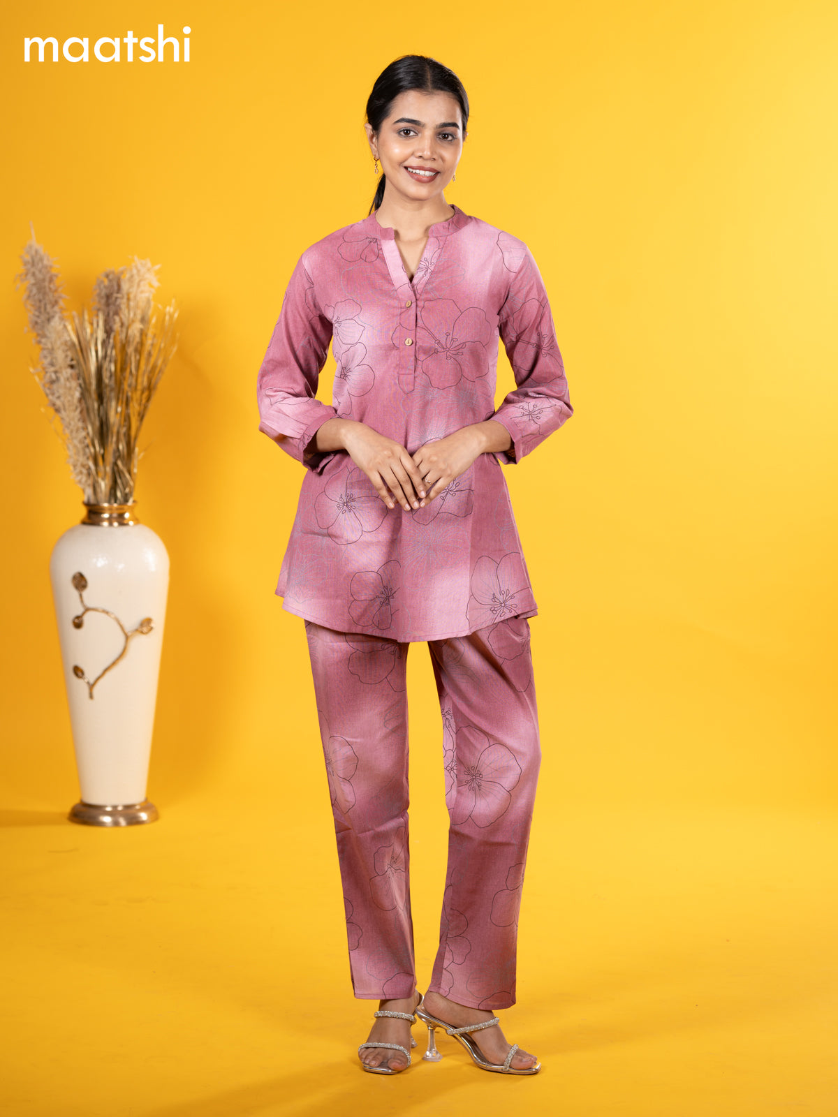 Cotton co-ord set pastel pink with allover floral prints and straight cut pant