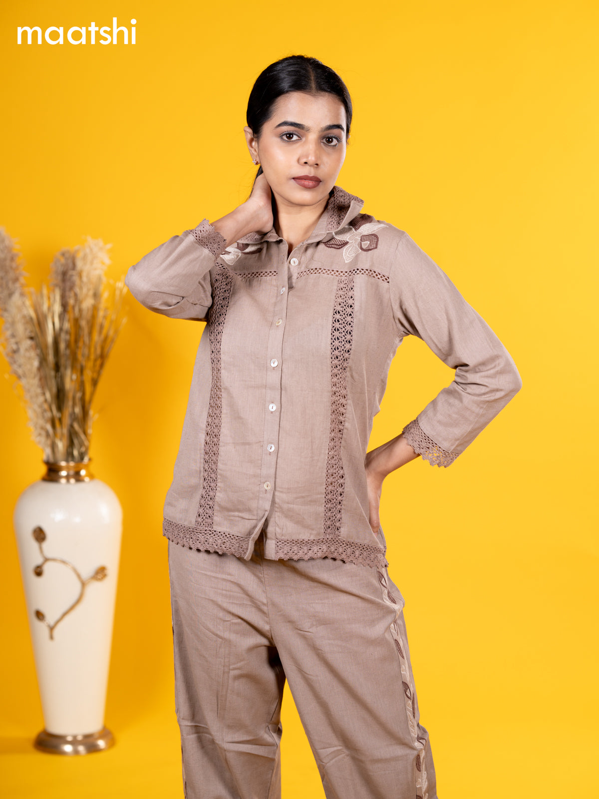 Cotton co-ord set pastel brown shade with embroidery corcia lace work & collar neck pattern and straight cut pant