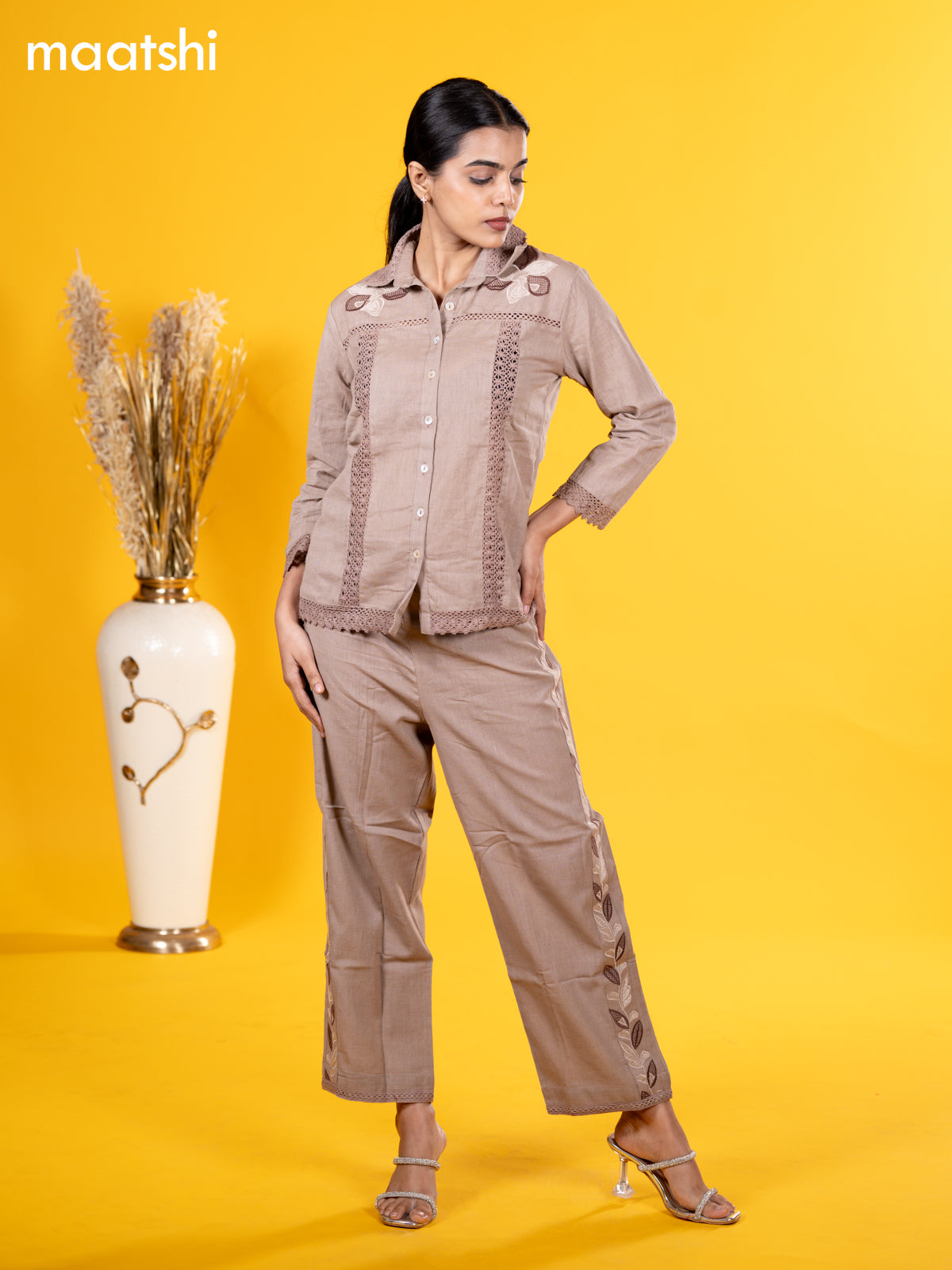 Cotton co-ord set pastel brown shade with embroidery corcia lace work & collar neck pattern and straight cut pant