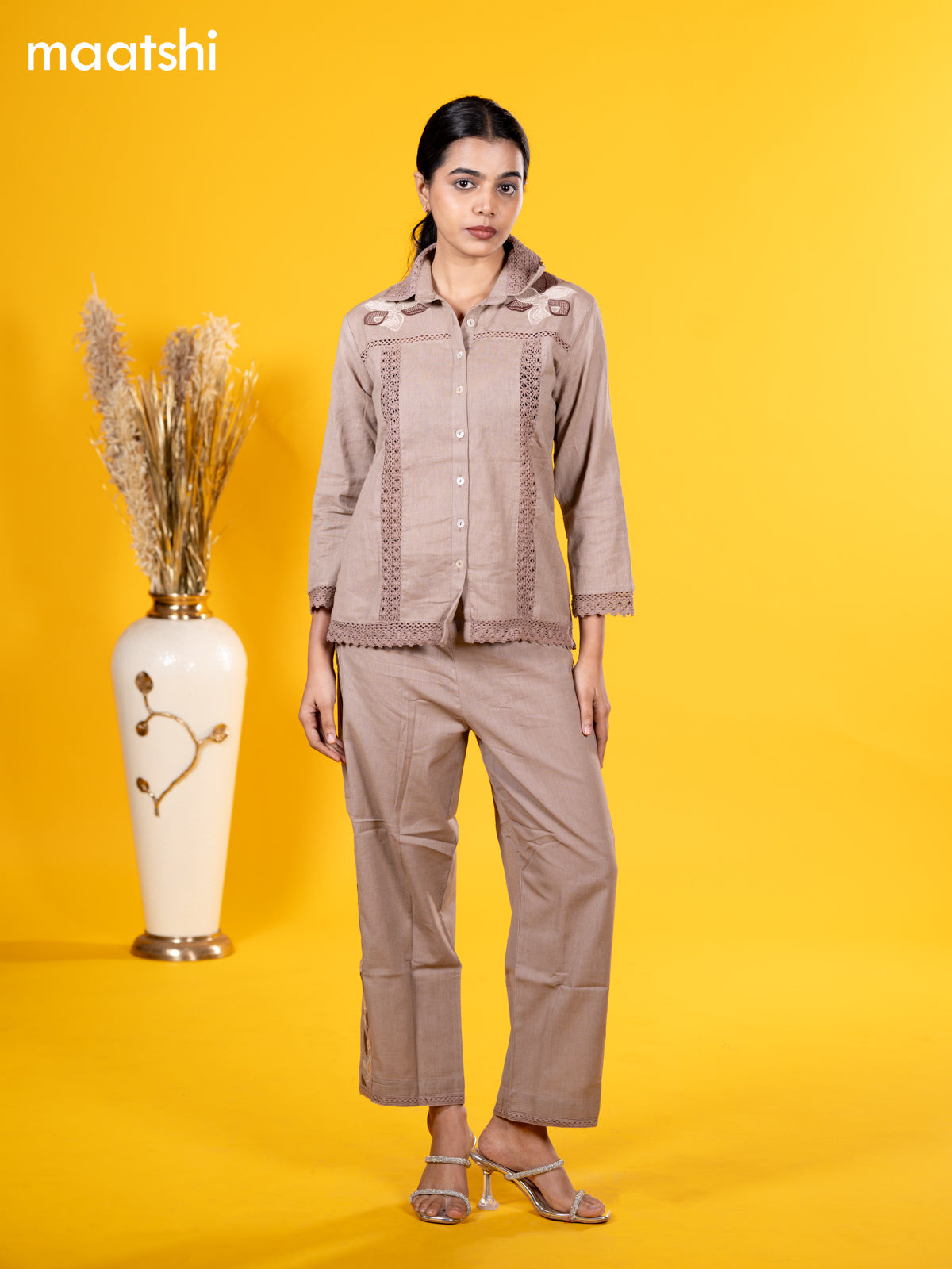 Cotton co-ord set pastel brown shade with embroidery corcia lace work & collar neck pattern and straight cut pant