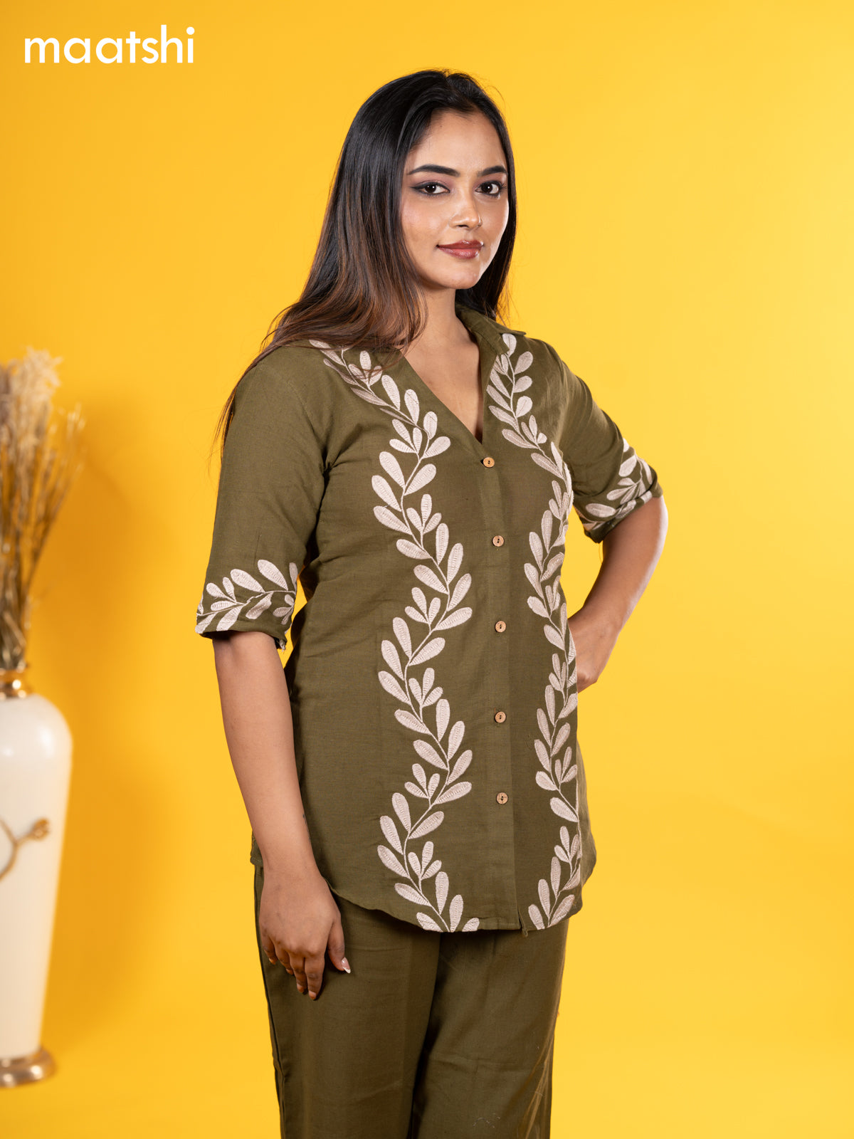 Cotton co-ord set sap green with embroidery work & collar neck pattern and straight cut pant