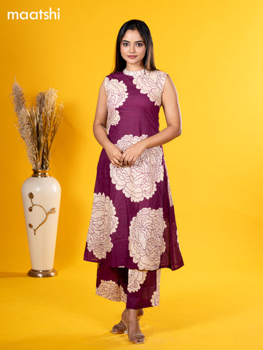 Cotton co-ord set wine shade and beige with allover floral prints & sleeve attached and palazzo pant