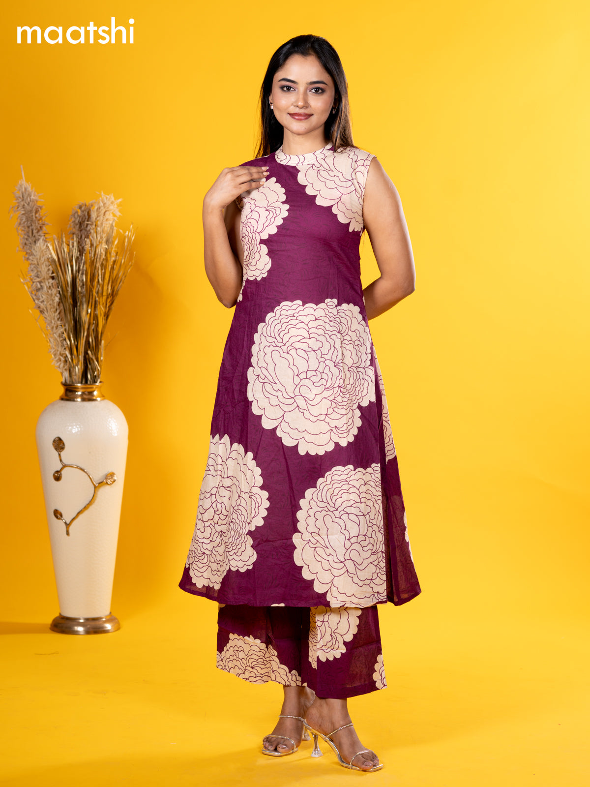 Cotton co-ord set wine shade and beige with allover floral prints & sleeve attached and palazzo pant