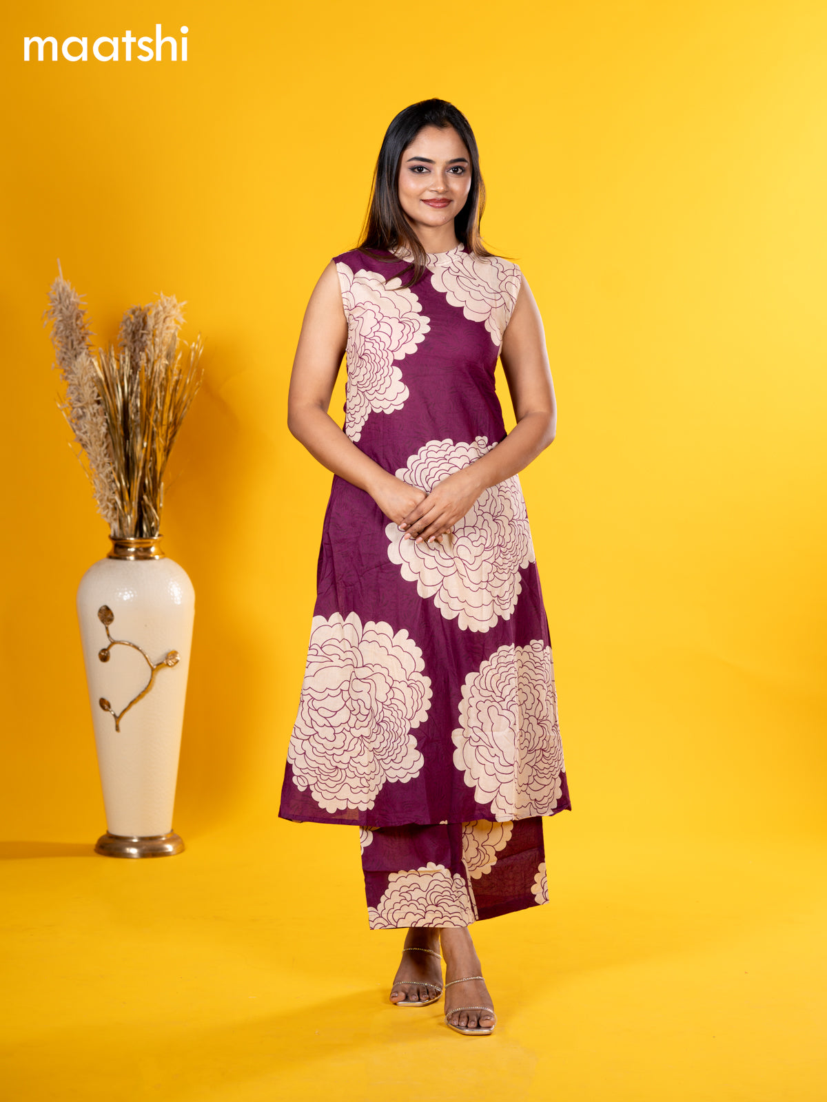 Cotton co-ord set wine shade and beige with allover floral prints & sleeve attached and palazzo pant