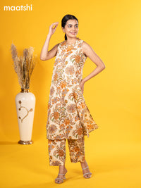 Cotton co-ord set cream and multi colour with allover kalamkari prints & sleeve attached and straight cut pant