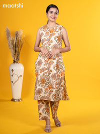 Cotton co-ord set cream and multi colour with allover kalamkari prints & sleeve attached and straight cut pant