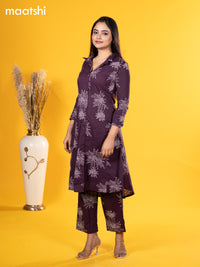 Cotton co-ord set deep wine with allover floral prints & collar neck pattern and straight cut pant