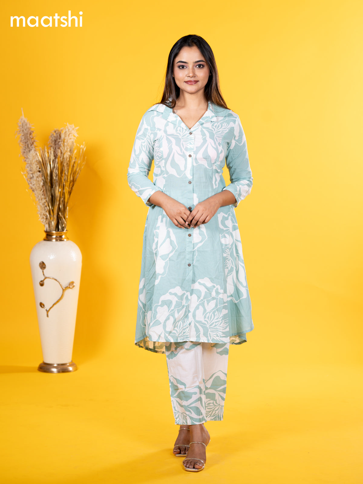 Cotton co-ord set pastel blue shade and off white with allover floral prints & collar neck pattern and straight cut pant