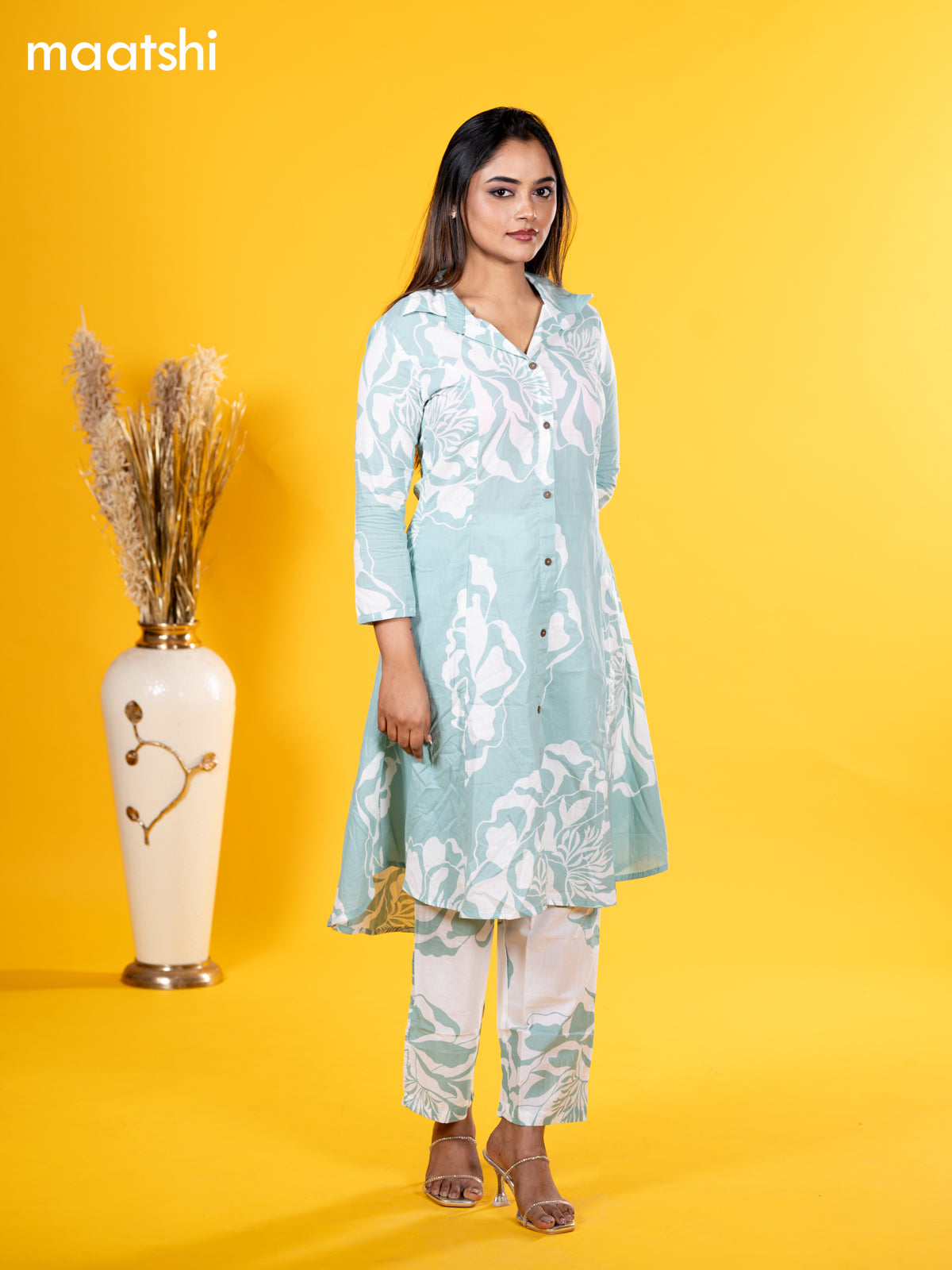 Cotton co-ord set pastel blue shade and off white with allover floral prints & collar neck pattern and straight cut pant