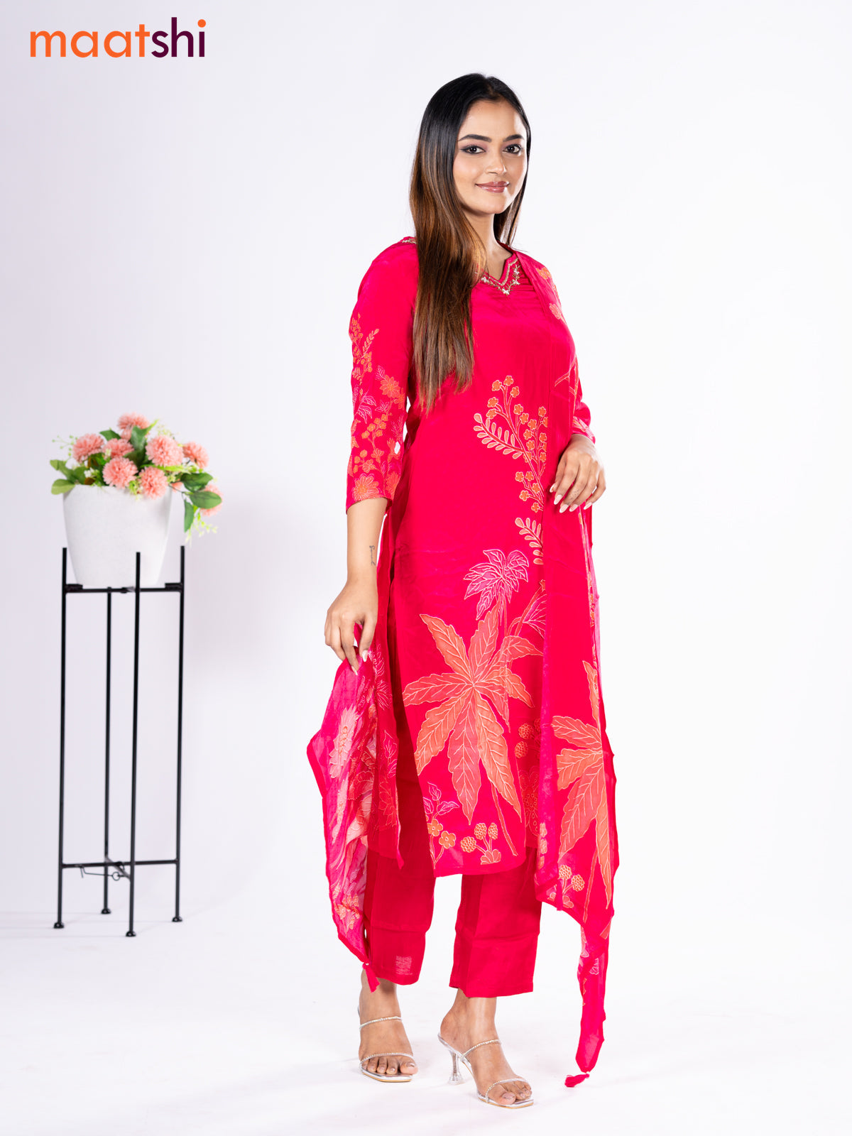 Crepe silk salwar suit pink with placement prints & beaded work neck pattern and straight cut pant & dupatta