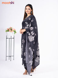 Crepe silk salwar suit black with placement prints & beaded work neck pattern and straight cut pant & dupatta