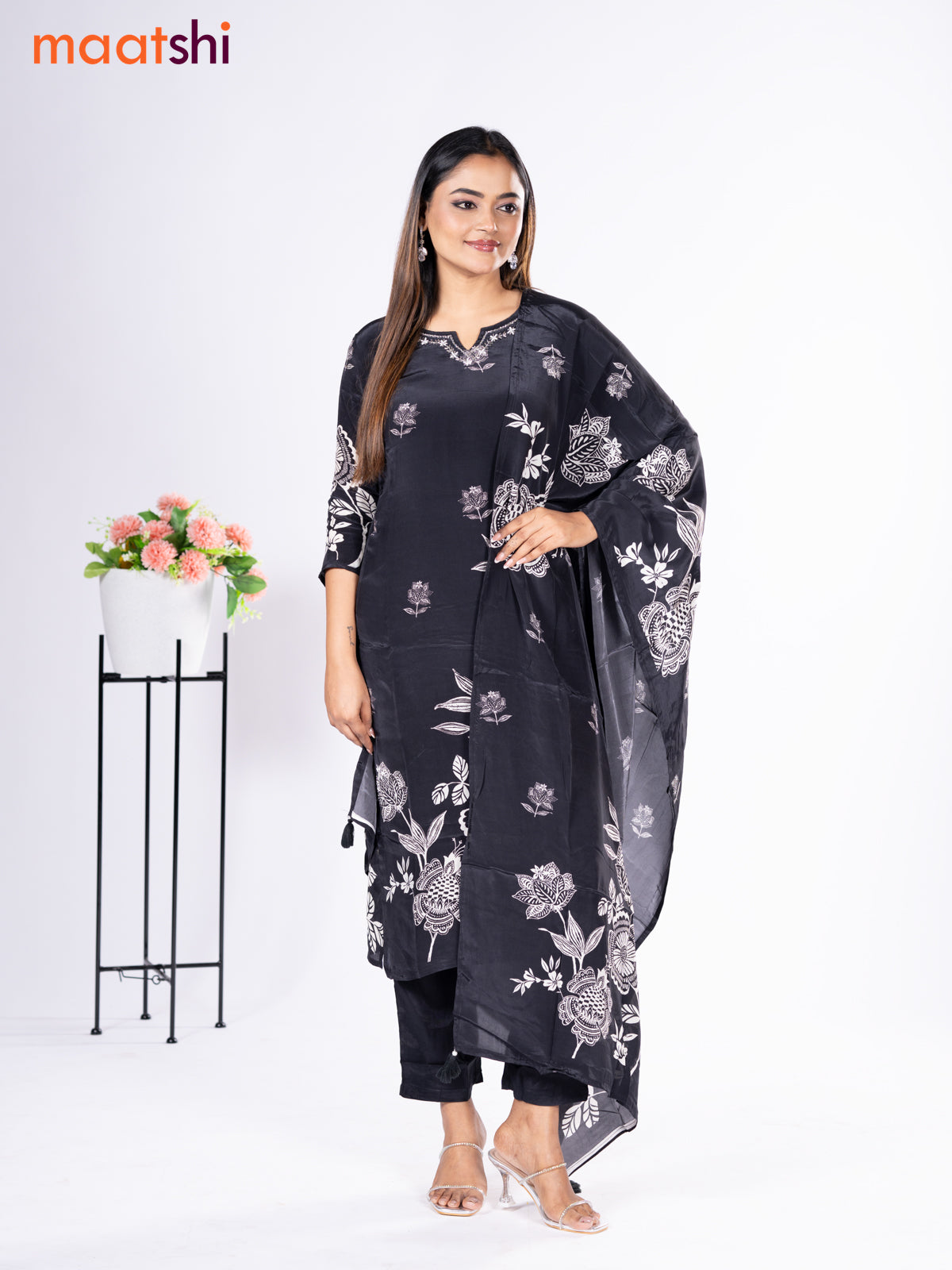 Crepe silk salwar suit black with placement prints & beaded work neck pattern and straight cut pant & dupatta