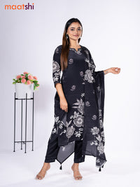 Crepe silk salwar suit black with placement prints & beaded work neck pattern and straight cut pant & dupatta