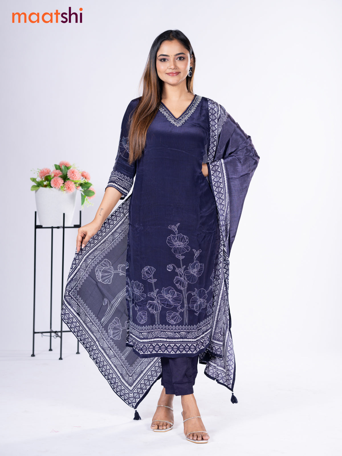 Crepe silk salwar suit navy blue with placement prints & beaded work v neck pattern and straight cut pant & dupatta