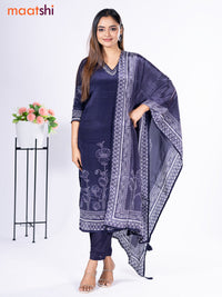 Crepe silk salwar suit navy blue with placement prints & beaded work v neck pattern and straight cut pant & dupatta