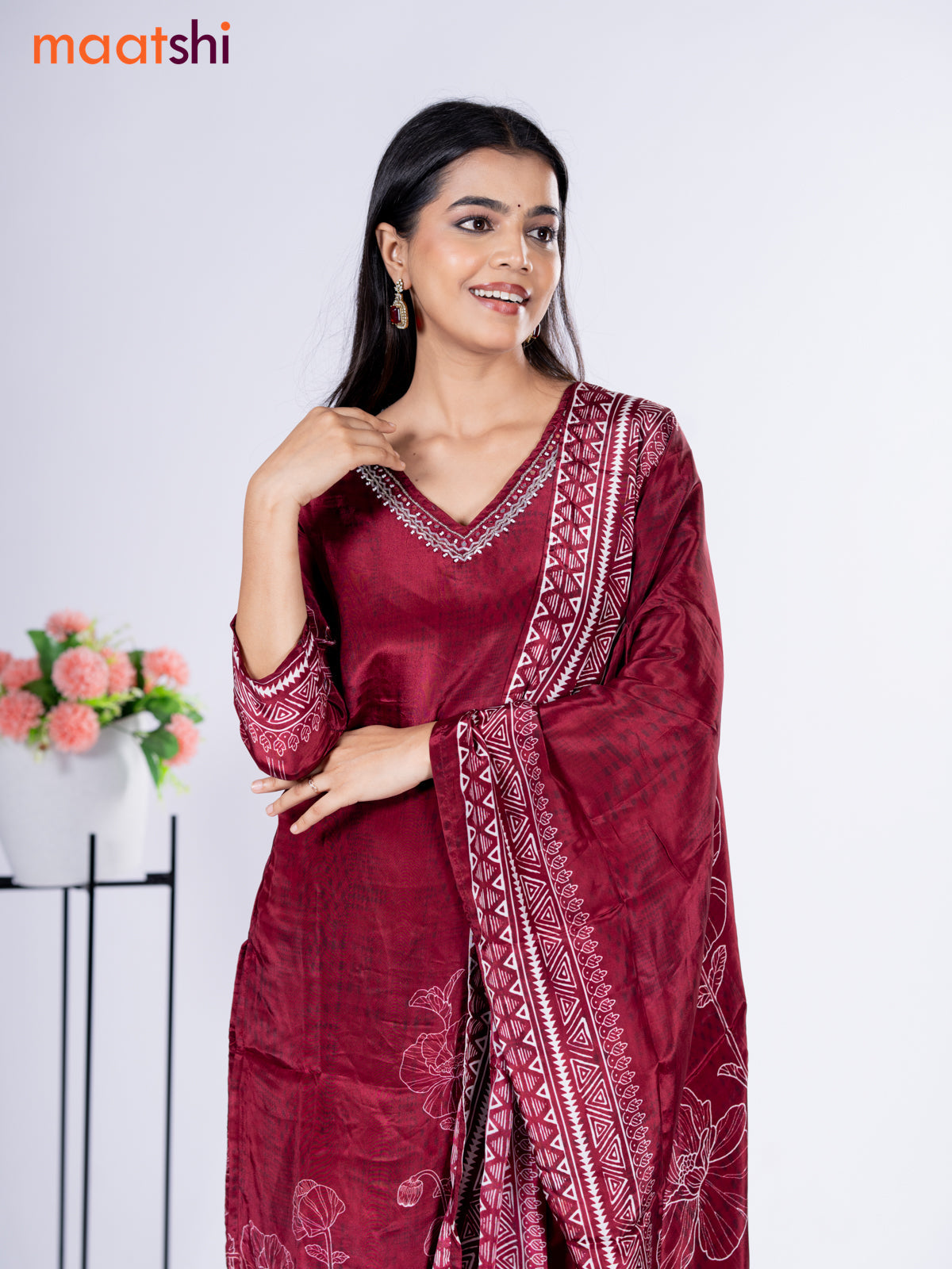 Crepe silk salwar suit deep maroon with placement prints & beaded work v neck pattern and straight cut pant & dupatta