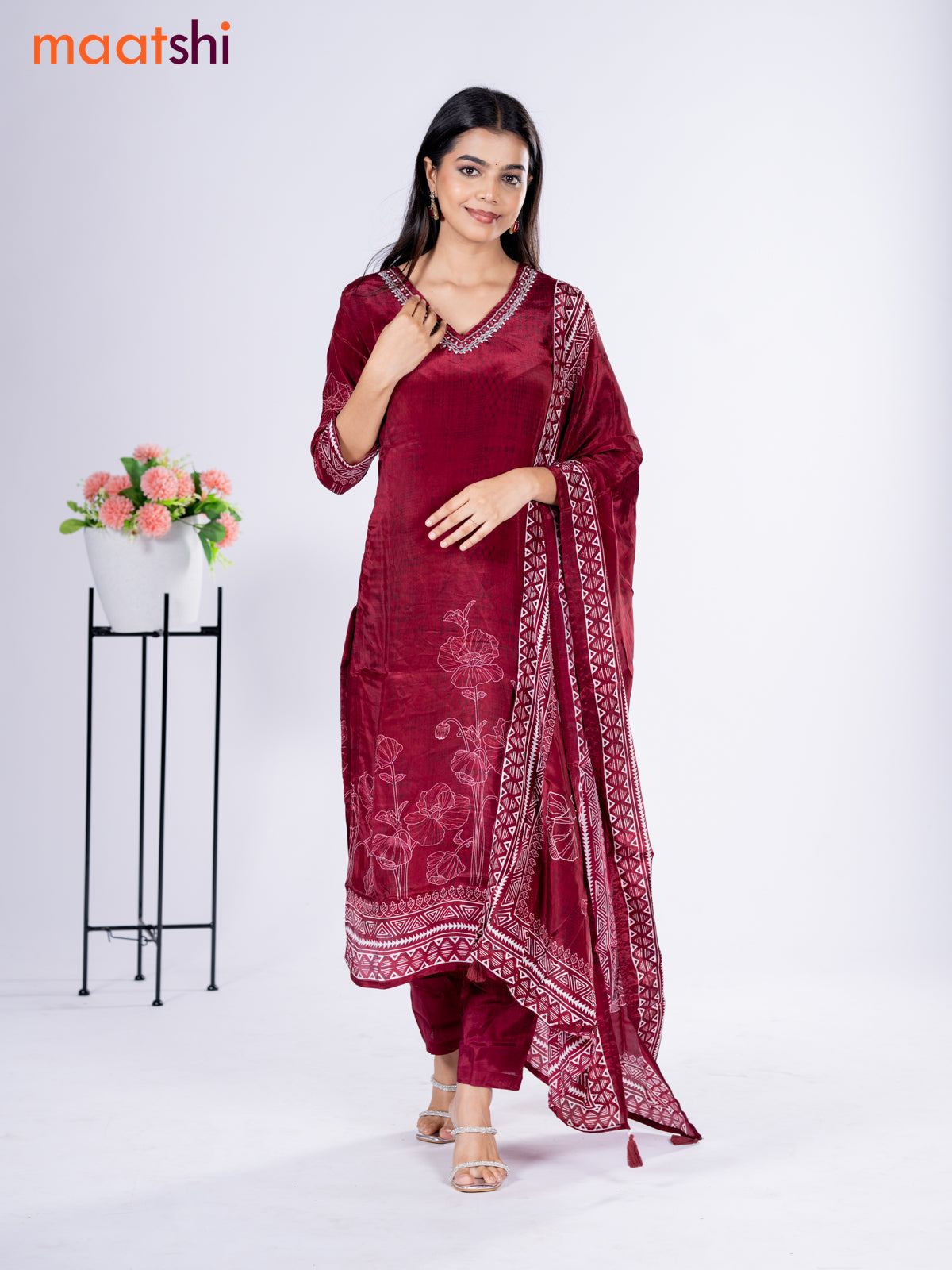 Crepe silk salwar suit deep maroon with placement prints & beaded work v neck pattern and straight cut pant & dupatta