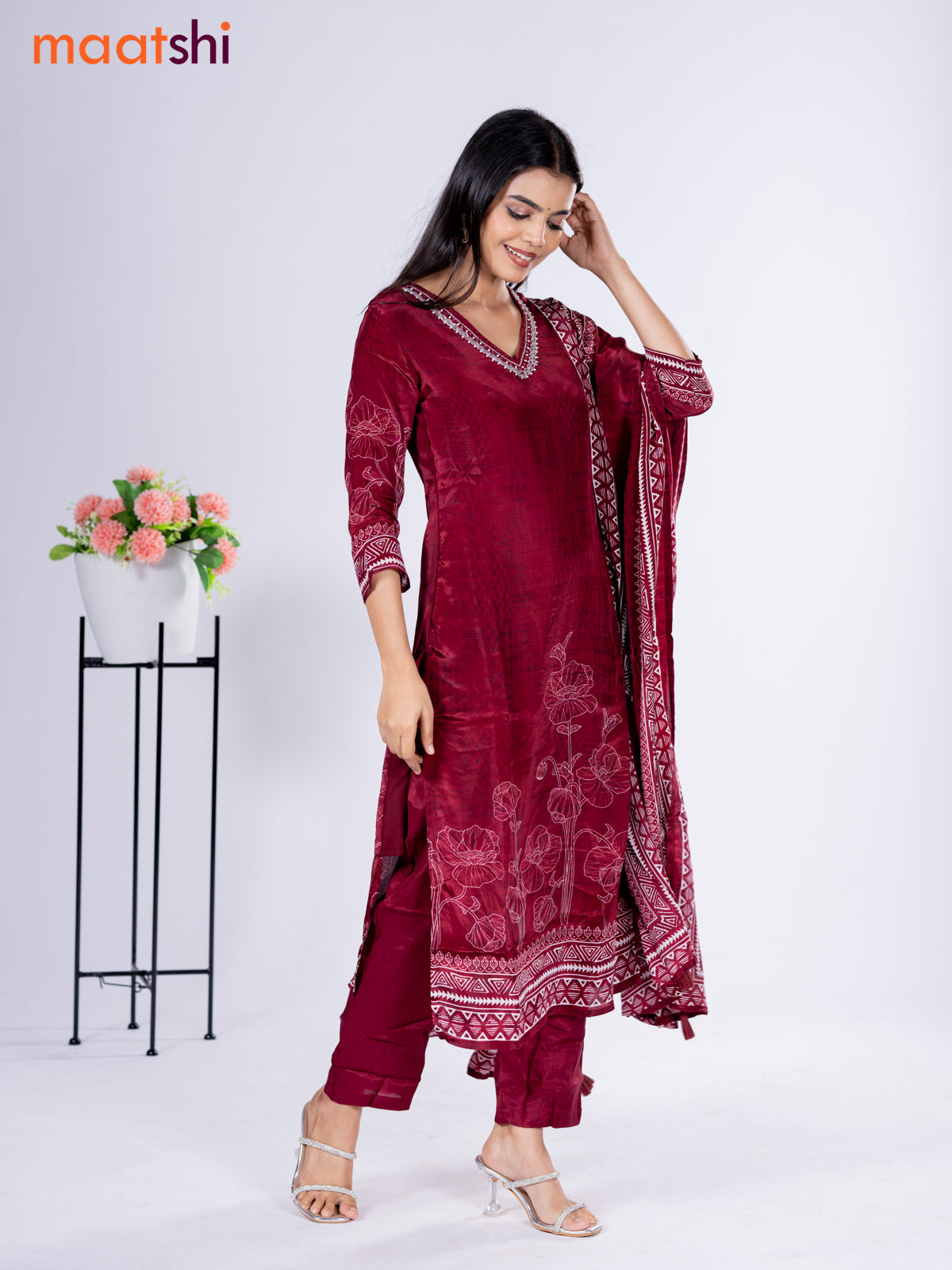 Crepe silk salwar suit deep maroon with placement prints & beaded work v neck pattern and straight cut pant & dupatta