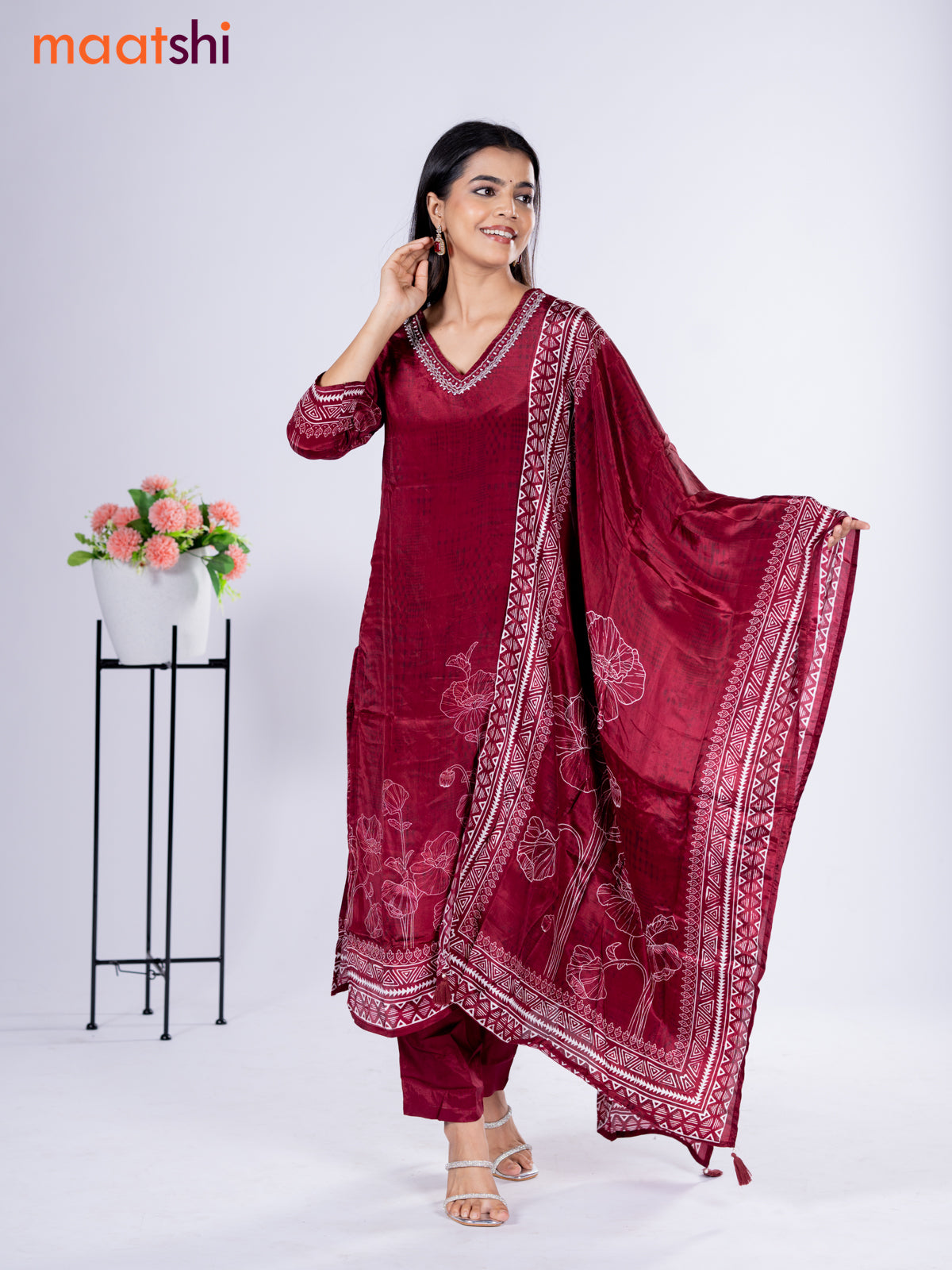 Crepe silk salwar suit deep maroon with placement prints & beaded work v neck pattern and straight cut pant & dupatta