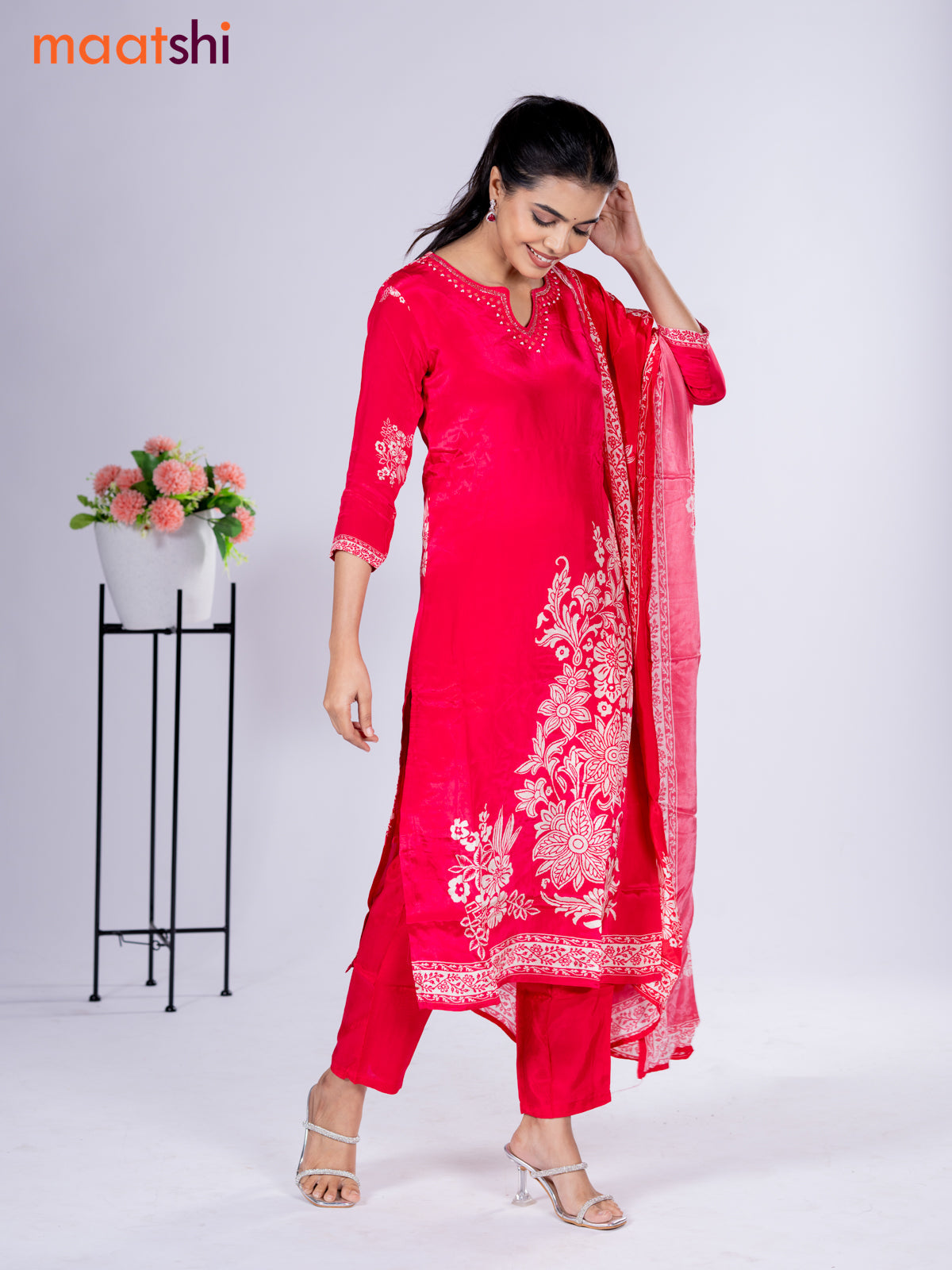 Crepe silk salwar suit pink with placement prints & beaded work neck pattern and straight cut pant & dupatta