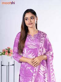 Crepe silk salwar suit lavender with placement prints & embroidery beaded work neck pattern and straight cut pant & dupatta