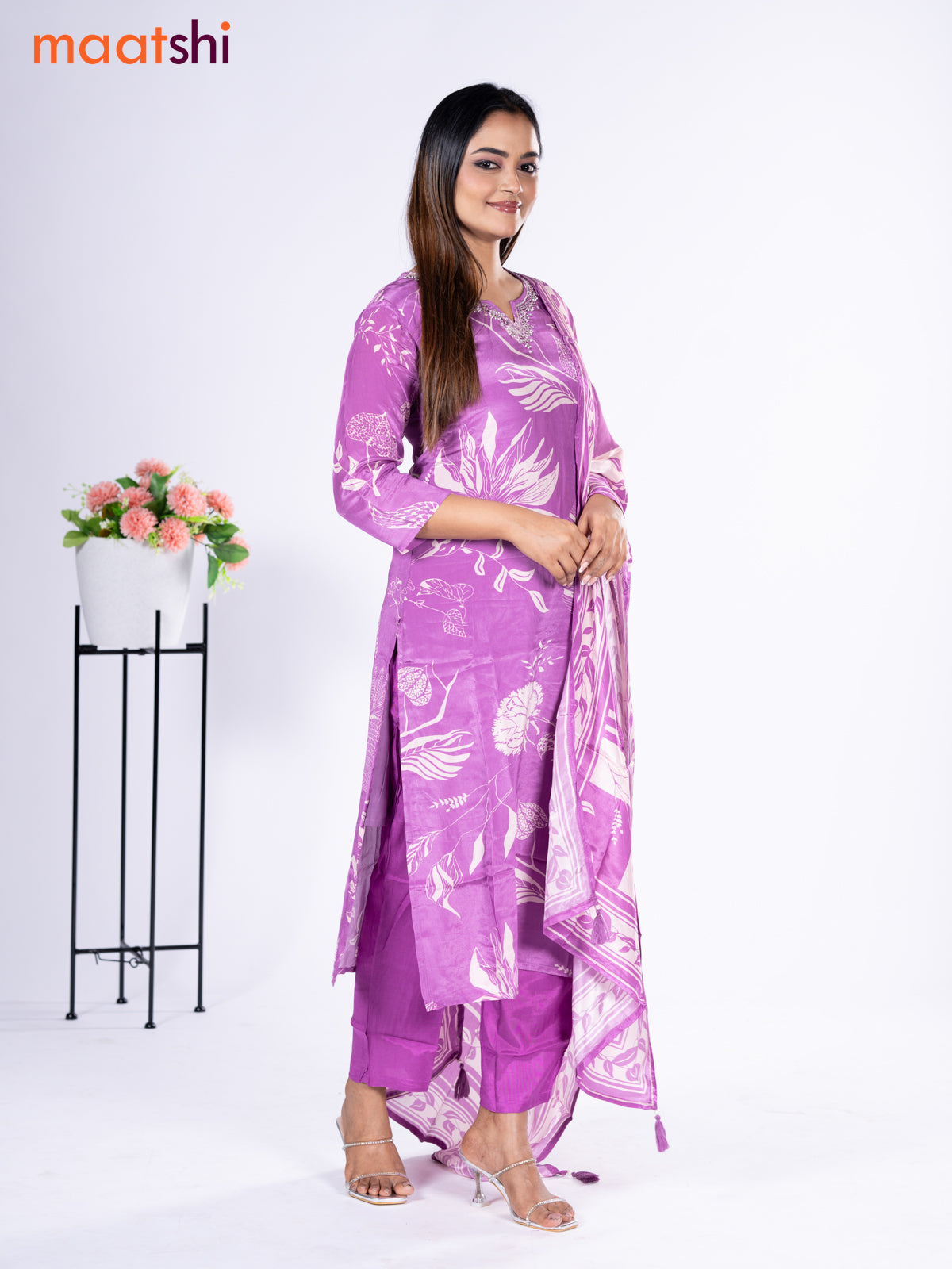 Crepe silk salwar suit lavender with placement prints & embroidery beaded work neck pattern and straight cut pant & dupatta