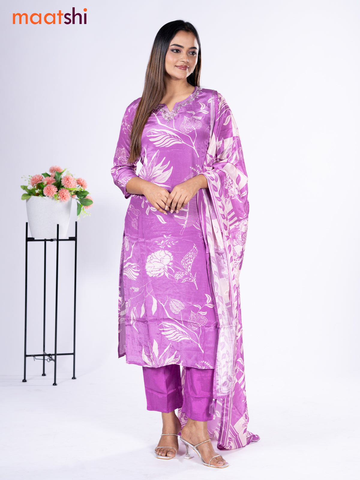 Crepe silk salwar suit lavender with placement prints & embroidery beaded work neck pattern and straight cut pant & dupatta