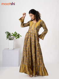 Muslin floor length cancan dress yellow shade and brown with allover prints & patch work neck pattern without pant