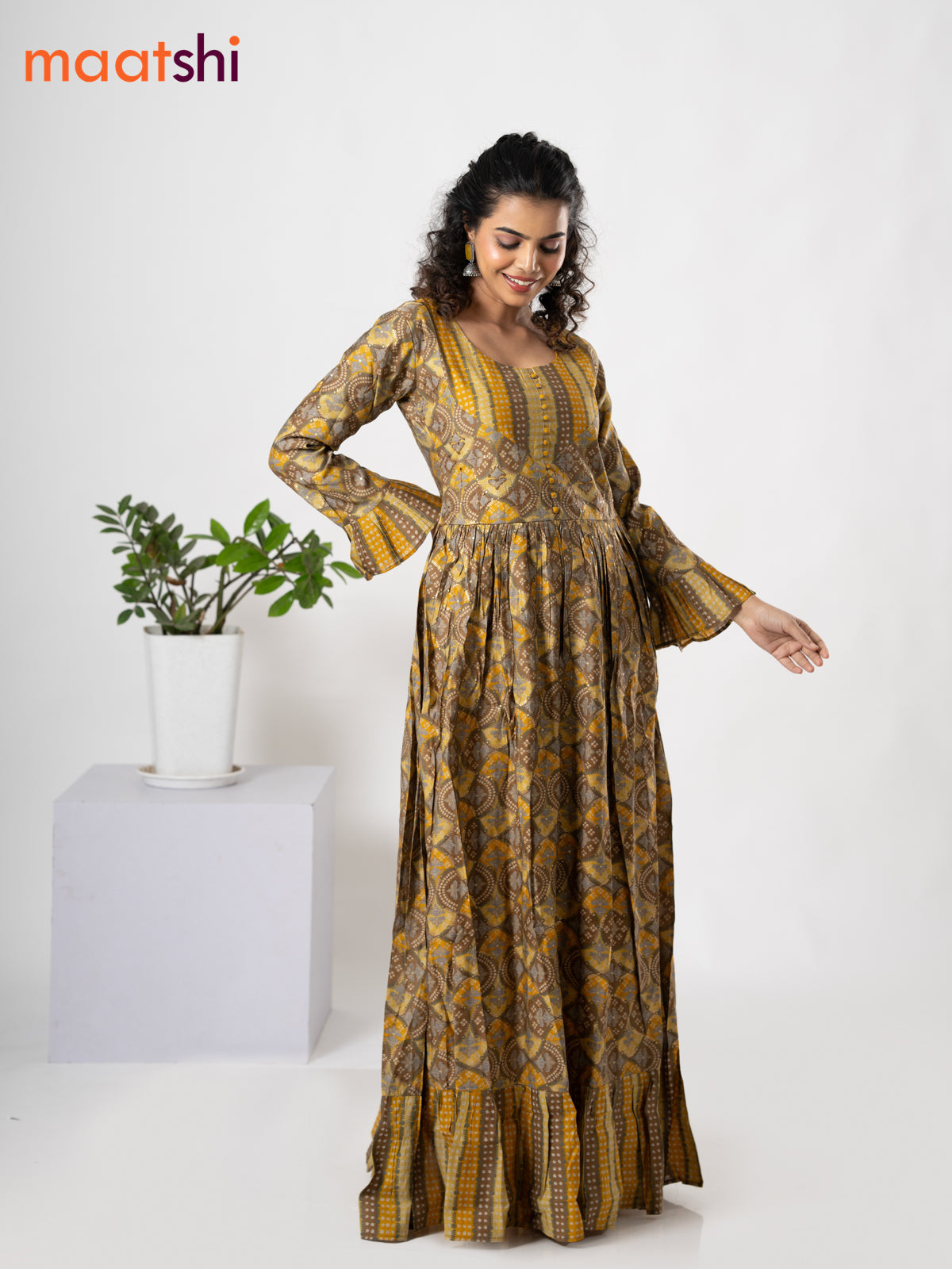 Muslin floor length cancan dress yellow shade and brown with allover prints & patch work neck pattern without pant