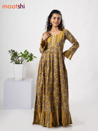 Muslin floor length cancan dress yellow shade and brown with allover prints & patch work neck pattern without pant