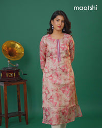 Tissue readymade kurti beige and peach pink with allover floral prints & beaded work neck pattern without bottom