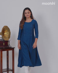 Rayon A-line kurti peacock blue and with beaded embroidery work neck pattern and without pant