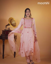 Muslin salwar suit pastel peach with embroidery & mirror work neck pattern and straight cut pant & organza dupatta