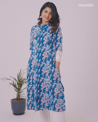 Cotton readymade kurti set blue and white with allover floral prints & simple neck pattern and straight cut pant