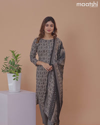 Rayon cotton salwar suit grey and black with allover prints & simple neck pattern and straight cut pant & dupatta